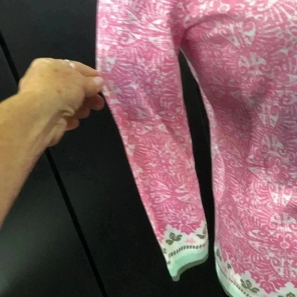 Talbots Cardigan Sweater, button-down, round neck,pink w/ green trim - Picture 3 of 9